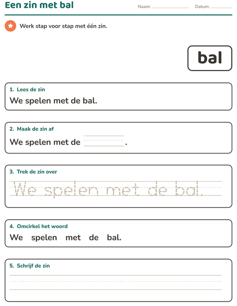 Voorbeeld van het Flitswoorden-werkblad voor kleuterklas