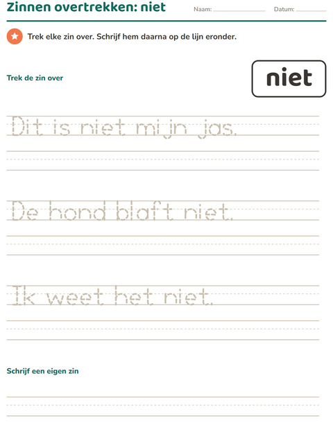 Voorbeeld van het Flitswoorden-werkblad voor kleuterklas