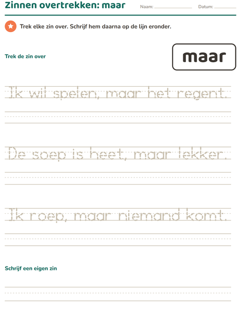 Voorbeeld van het Flitswoorden-werkblad voor kleuterklas