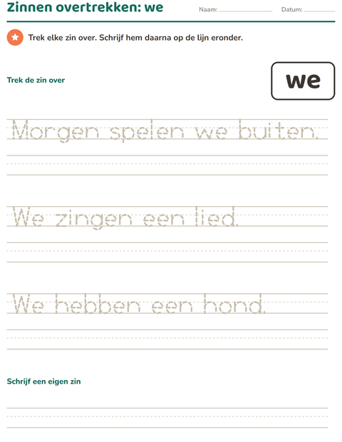Voorbeeld van het Flitswoorden-werkblad voor kleuterklas