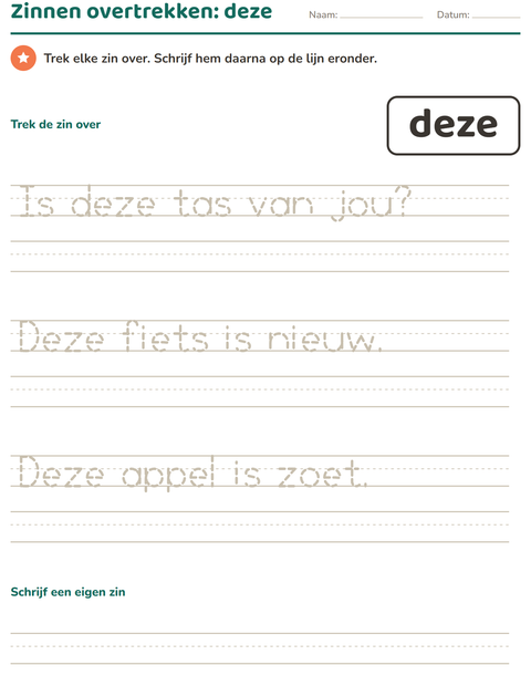 Voorbeeld van het Flitswoorden-werkblad voor kleuterklas