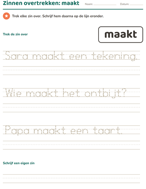 Voorbeeld van het Flitswoorden-werkblad voor kleuterklas