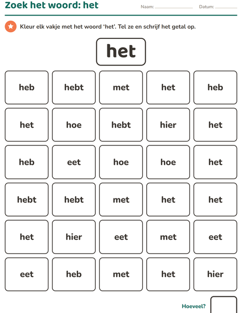 Voorbeeld van het Flitswoorden-werkblad voor kleuterklas
