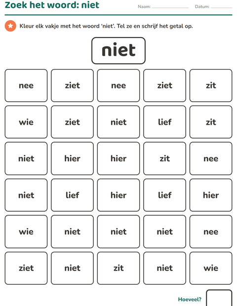 Voorbeeld van het Flitswoorden-werkblad voor kleuterklas