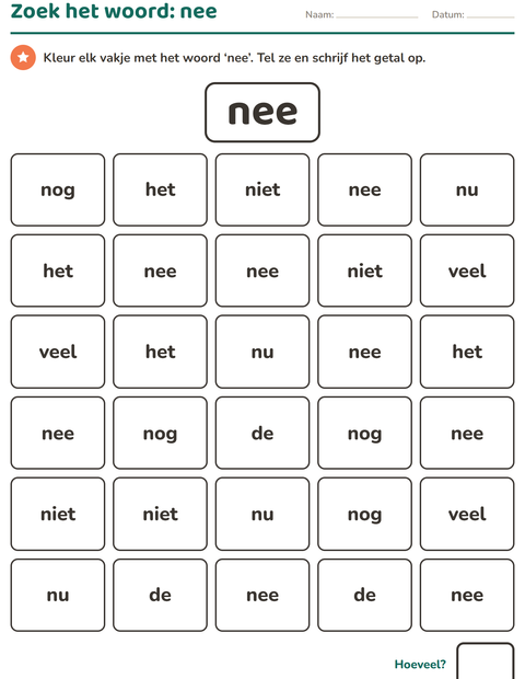 Voorbeeld van het Flitswoorden-werkblad voor kleuterklas