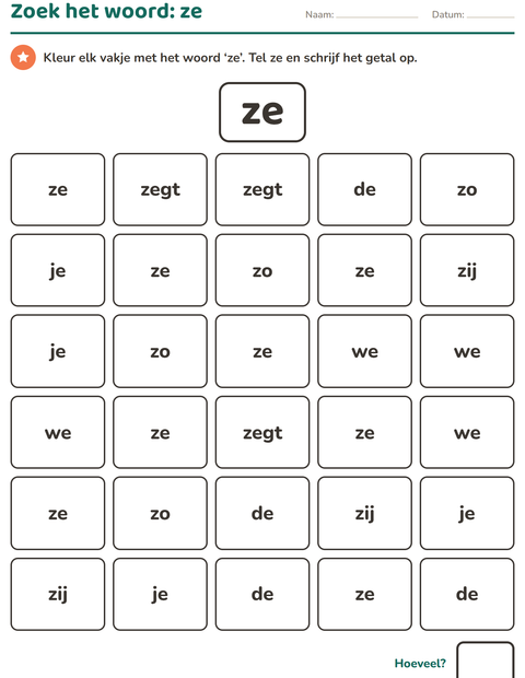 Voorbeeld van het Flitswoorden-werkblad voor kleuterklas