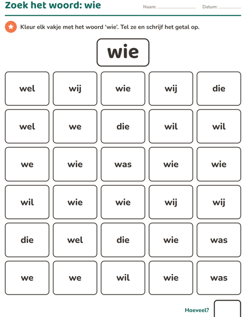 Voorbeeld van het Flitswoorden-werkblad voor kleuterklas
