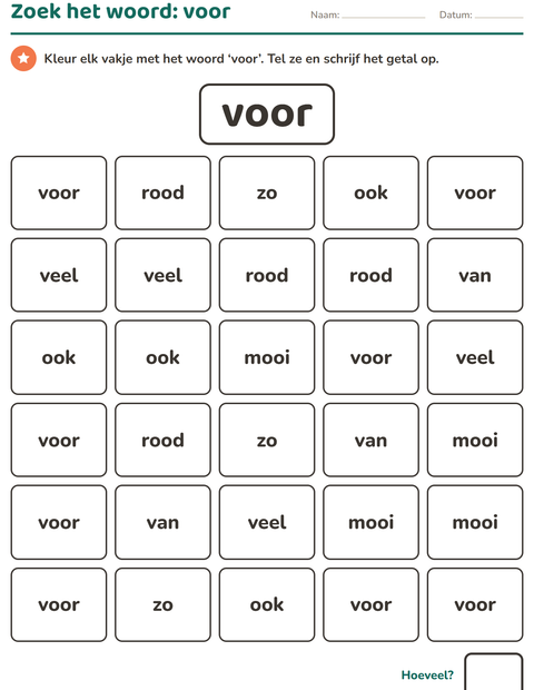 Voorbeeld van het Flitswoorden-werkblad voor kleuterklas