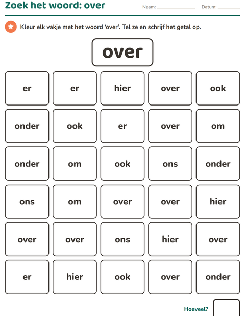 Voorbeeld van het Flitswoorden-werkblad voor kleuterklas