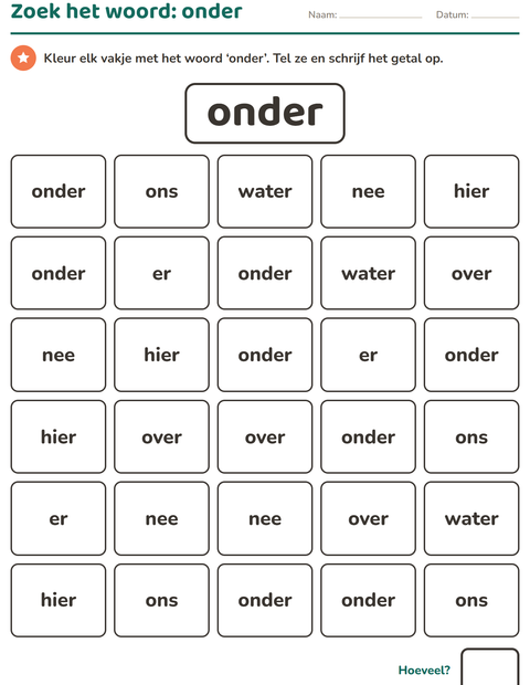 Voorbeeld van het Flitswoorden-werkblad voor kleuterklas