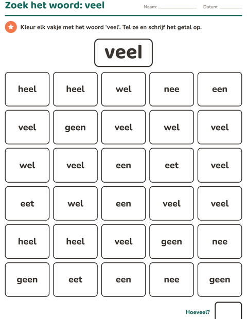 Voorbeeld van het Flitswoorden-werkblad voor kleuterklas