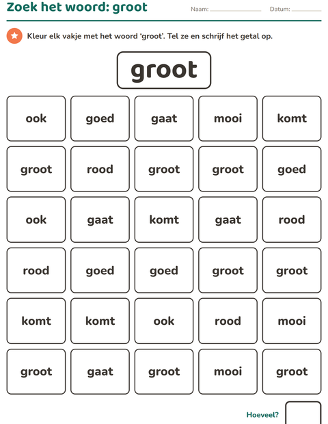 Voorbeeld van het Flitswoorden-werkblad voor kleuterklas