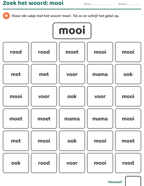 Voorbeeld van het Flitswoorden-werkblad voor kleuterklas