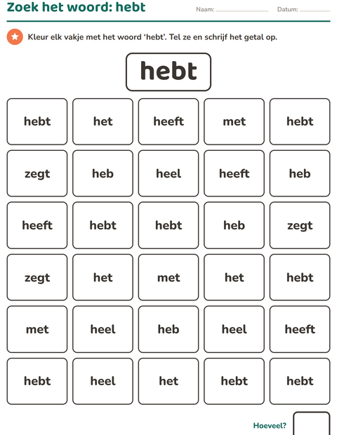 Voorbeeld van het Flitswoorden-werkblad voor kleuterklas