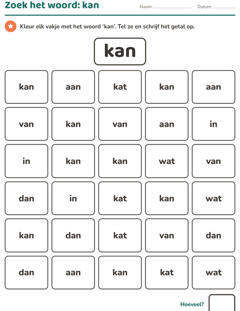 Voorbeeld van het Flitswoorden-werkblad voor kleuterklas