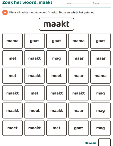 Voorbeeld van het Flitswoorden-werkblad voor kleuterklas