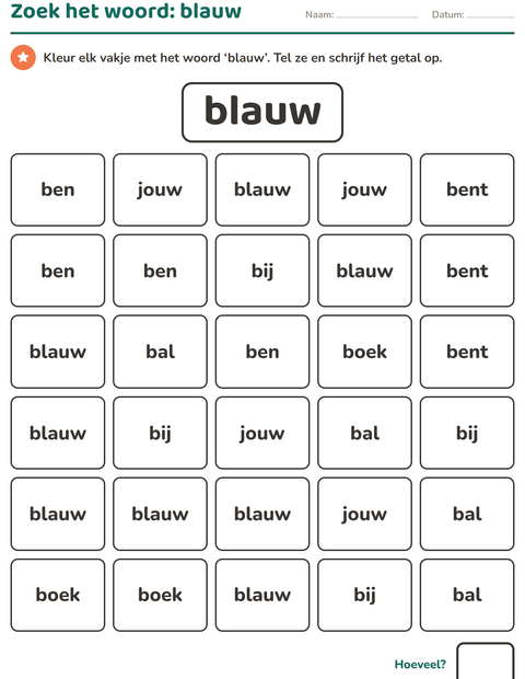 Voorbeeld van het Flitswoorden-werkblad voor kleuterklas