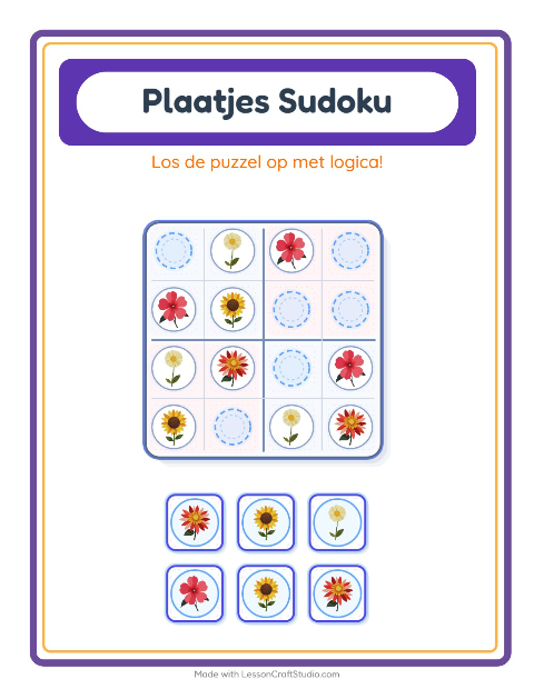 Voorbeeld van het Foto-sudoku-werkblad met Bloemen voor kleuterklas