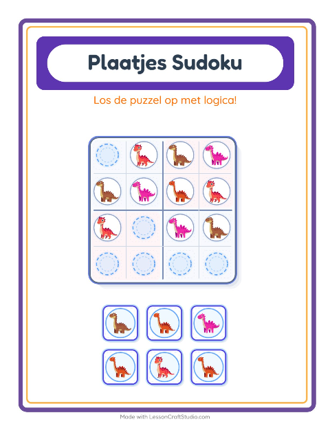 Voorbeeld van het Foto-sudoku-werkblad met Dinosaurussen voor kleuterklas