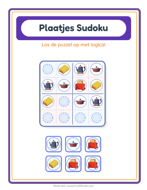 Voorbeeld van het Foto-sudoku-werkblad met Keukengerei voor kleuterklas