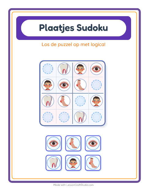 Voorbeeld van het Foto-sudoku-werkblad met Lichaamsdelen voor kleuterklas