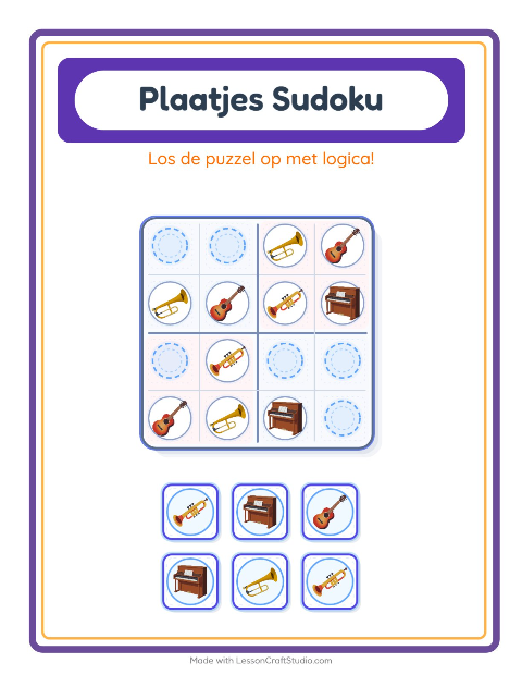 Voorbeeld van het Foto-sudoku-werkblad met Muziek voor kleuterklas