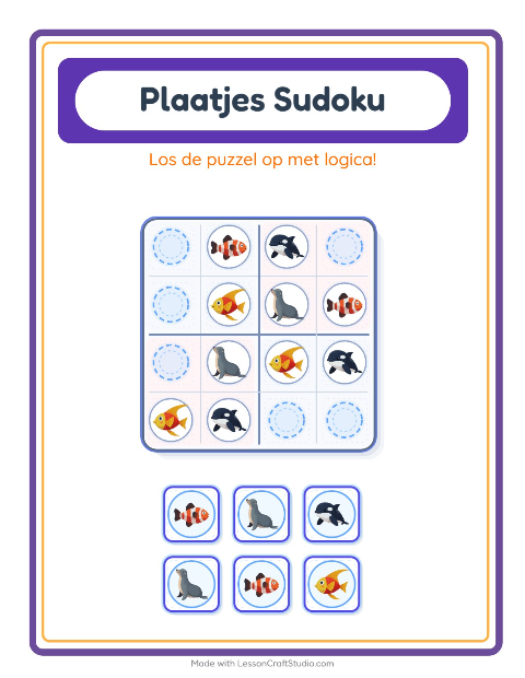Voorbeeld van het Foto-sudoku-werkblad met Oceaanleven voor kleuterklas