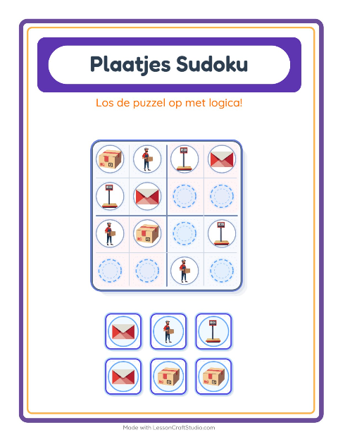 Voorbeeld van het Foto-sudoku-werkblad met Postkantoor voor kleuterklas