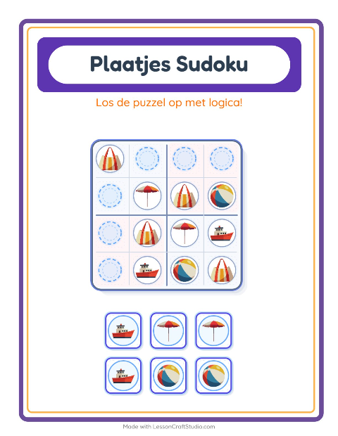Voorbeeld van het Foto-sudoku-werkblad met Strand voor kleuterklas