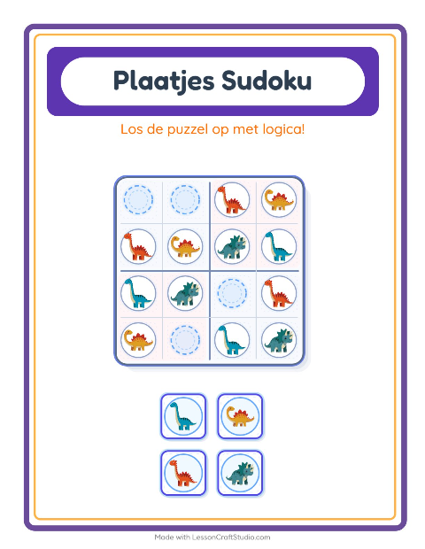 Voorbeeld van het Foto-sudoku-werkblad met Dinosaurussen voor kleuterklas