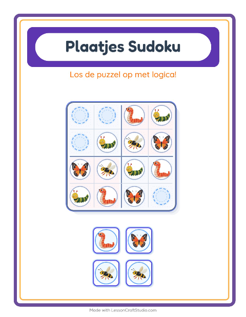 Voorbeeld van het Foto-sudoku-werkblad met Insecten en beestjes voor kleuterklas