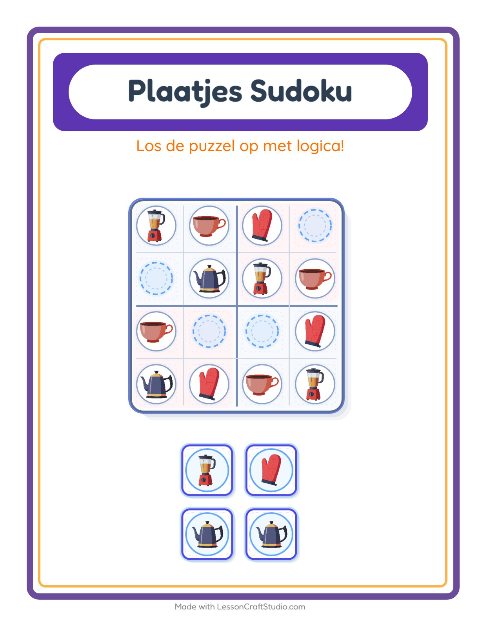 Voorbeeld van het Foto-sudoku-werkblad met Keukengerei voor kleuterklas