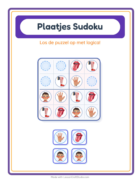 Voorbeeld van het Foto-sudoku-werkblad met Lichaamsdelen voor kleuterklas