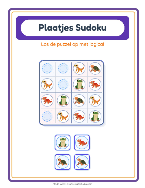 Voorbeeld van het Foto-sudoku-werkblad met Reptielen en amfibieën voor kleuterklas