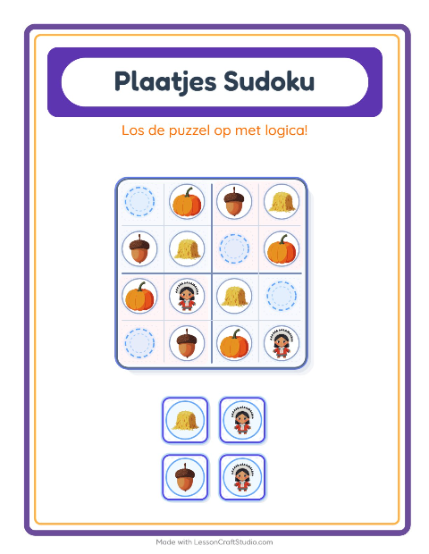 Voorbeeld van het Foto-sudoku-werkblad met Thanksgiving voor kleuterklas