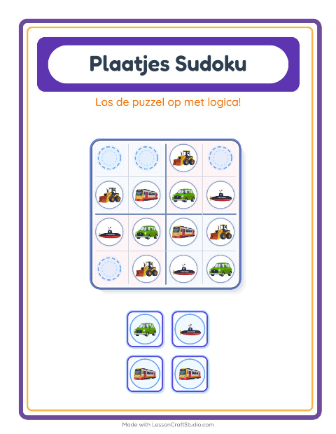Voorbeeld van het Foto-sudoku-werkblad met Voertuigen voor kleuterklas