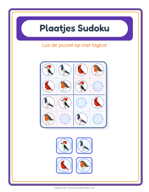 Voorbeeld van het Foto-sudoku-werkblad met Vogels 2 voor kleuterklas