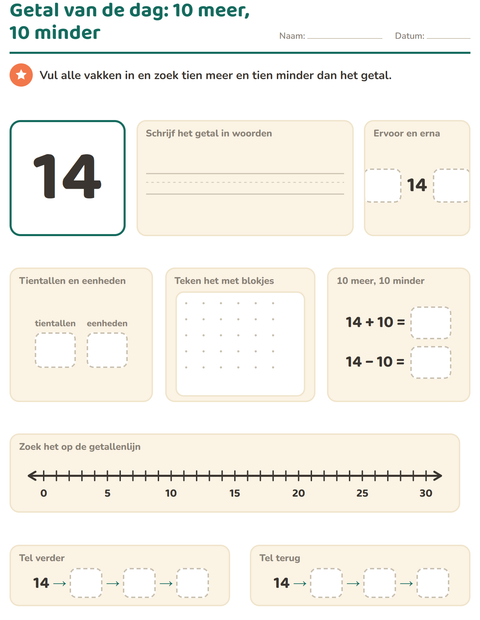 Voorbeeld van Getal van de dag: tien meer en tien minder in één vak