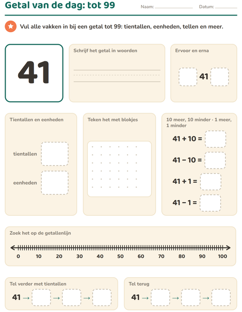 Voorbeeld van het Getal van de dag-werkblad voor groep 3
