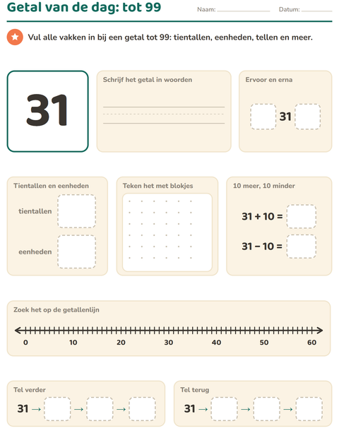Voorbeeld van het Getal van de dag-werkblad voor groep 3