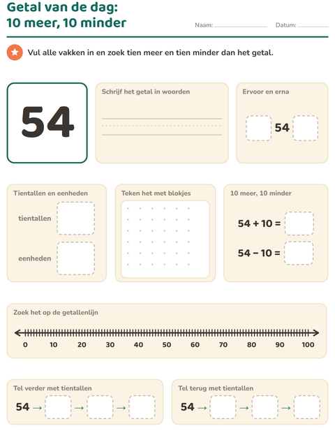 Voorbeeld van het Getal van de dag-werkblad voor groep 3
