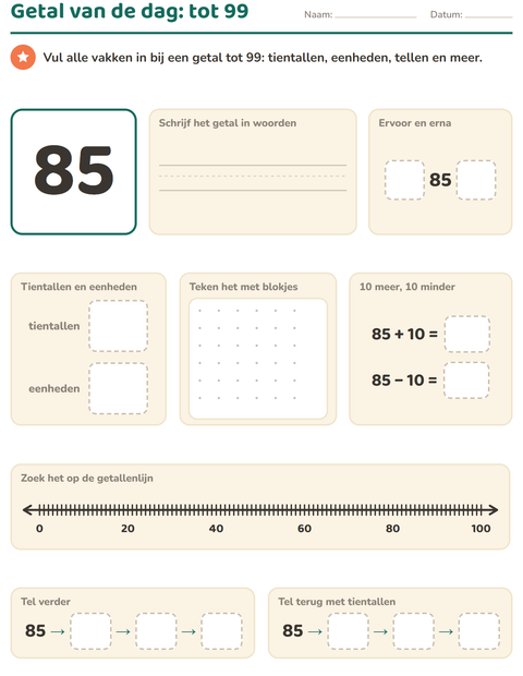 Voorbeeld van het Getal van de dag-werkblad voor groep 3