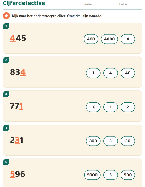 Voorbeeld van het Getalbegrip-werkblad voor groep 4