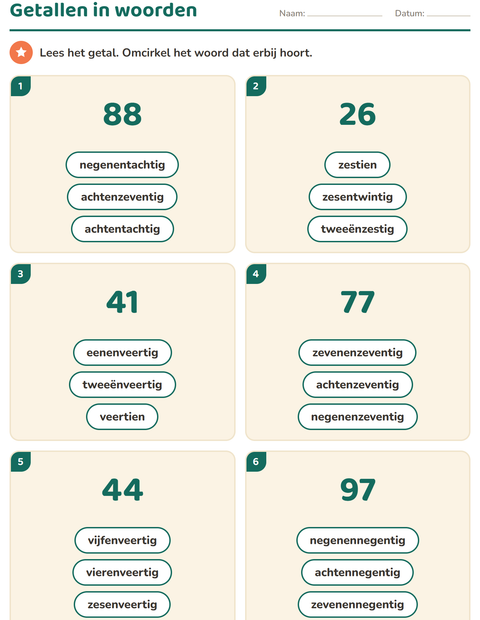 Voorbeeld van het Getallen in woorden-werkblad voor groep 3