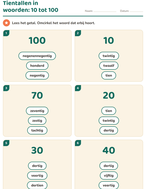 Voorbeeld van het Getallen in woorden-werkblad voor groep 3