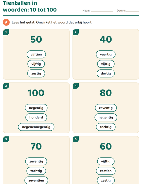 Voorbeeld van het Getallen in woorden-werkblad voor groep 3