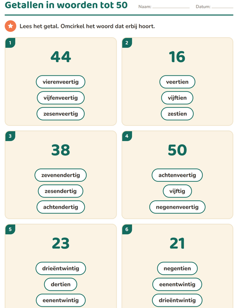 Voorbeeld van het Getallen in woorden-werkblad voor groep 3