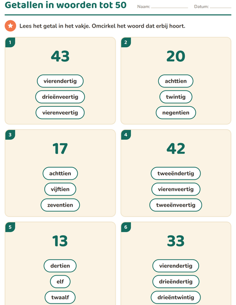 Getallen in woorden tot 50 lezen