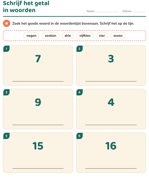 Voorbeeld van het Getallen in woorden-werkblad voor groep 3
