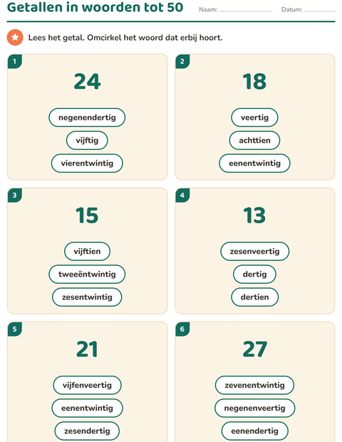 Voorbeeld van het Getallen in woorden-werkblad voor groep 3